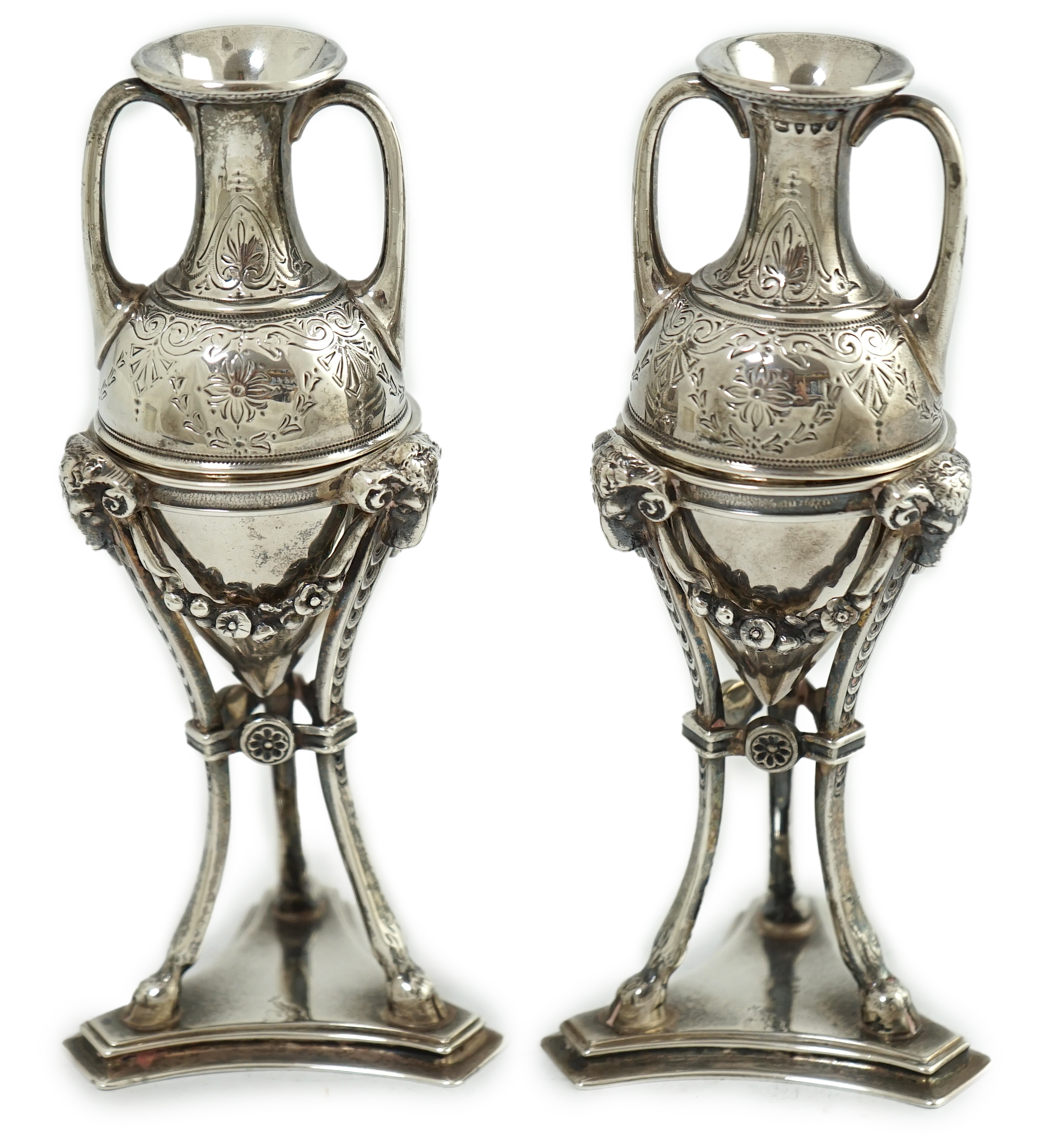 A pair of Victorian silver miniature urns on stands, by William & John Barnard